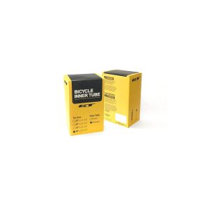 Caja amarilla de Cámara de aire para bicicleta GT 20 pulgadas con válvula Schrader ancha.