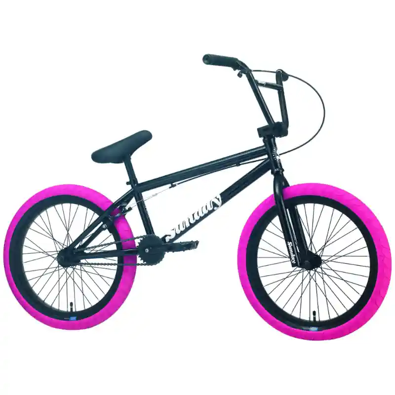 Bicicleta BMX Sunday Blueprint negra con neumáticos rosas